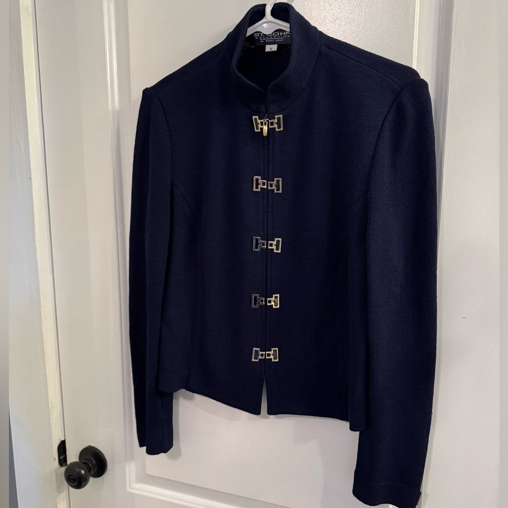 St. John Collection by Marie Grey Santana Knit Navy Zip Military Style Jacket - Picture 3 of 8